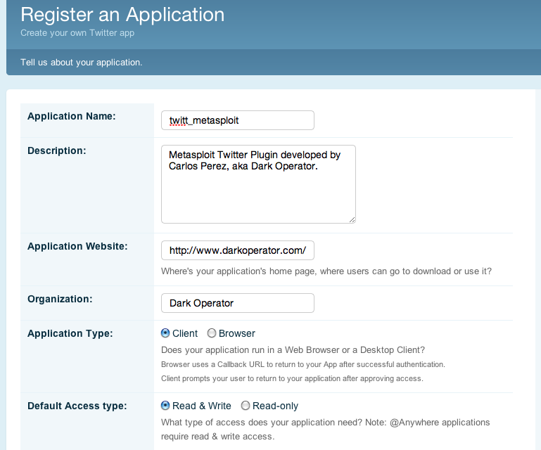 Twitter Developers Application Registration